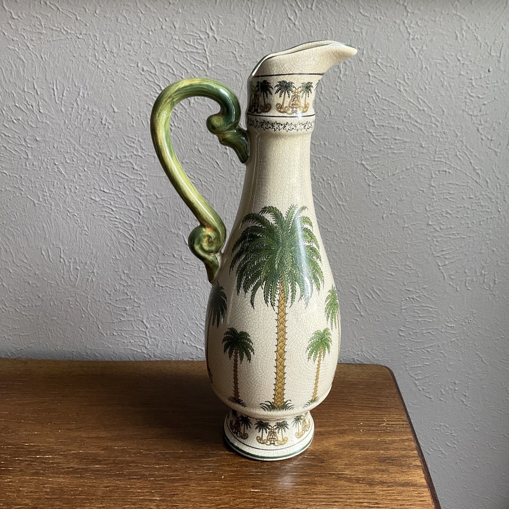 Tropical Palm Tree Coastal Vtg 2001 Ceramic Pitcher Vase 14.5" British Colonial